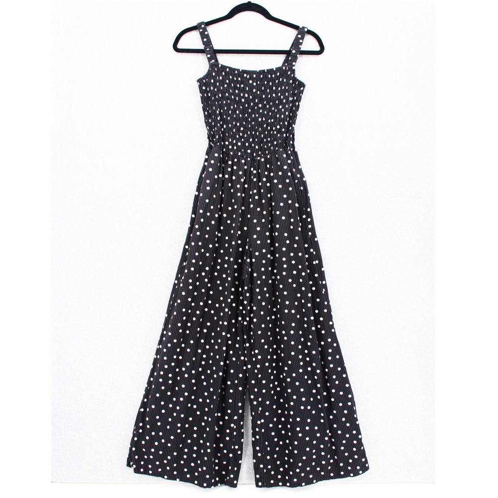 ON 34th Wide Leg Jumpsuit XS Sleeveless Black White Polka Dot Smocked Pockets